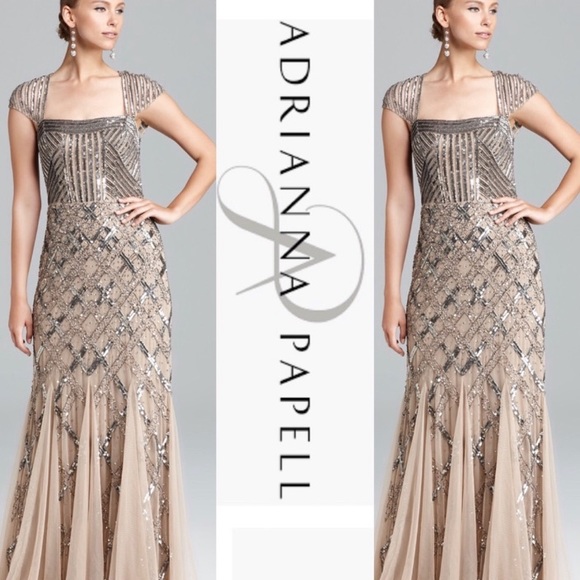 Adrianna Papell cap Sleeves beaded long gown - Picture 2 of 12